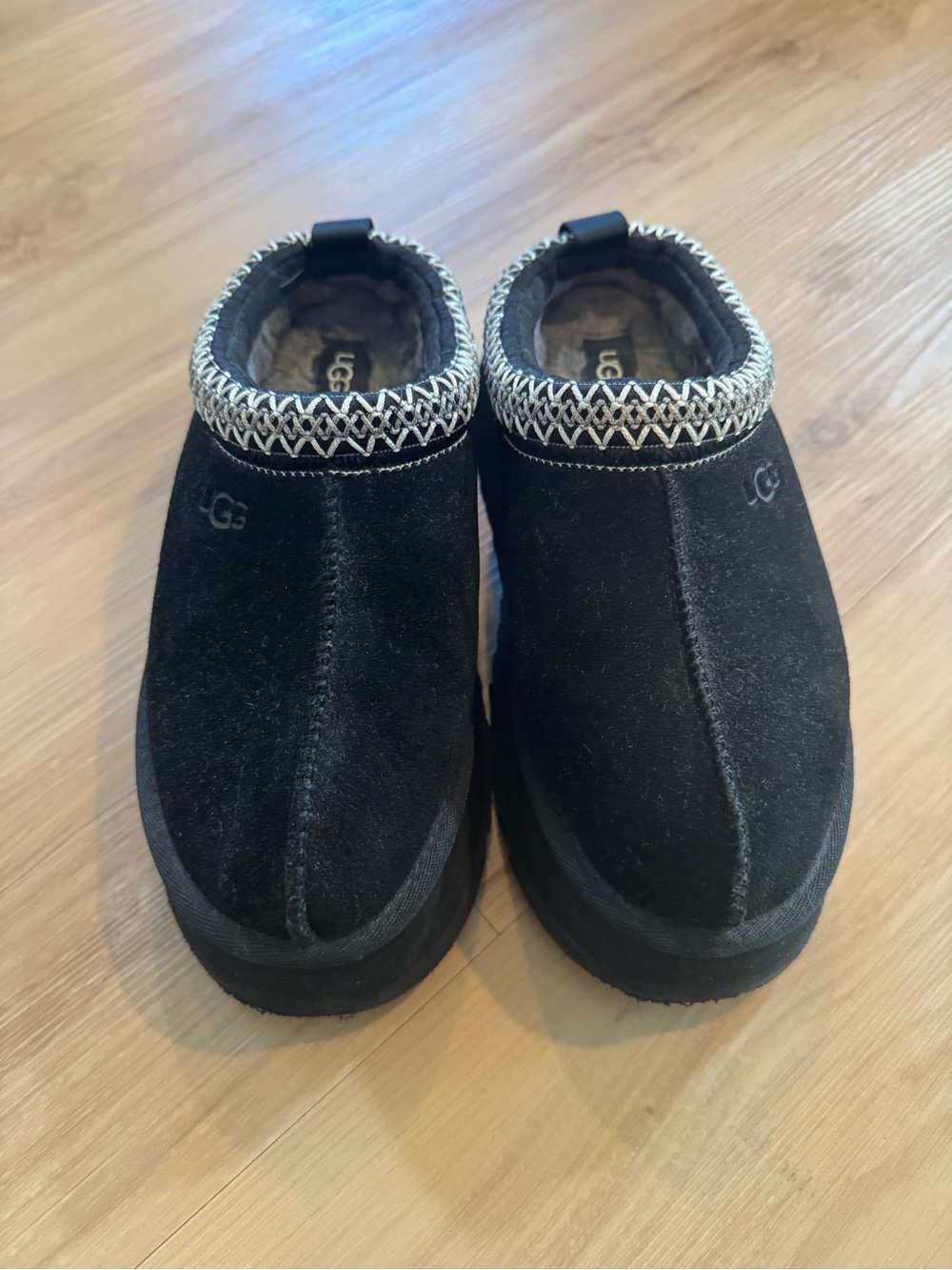 UGG Platform Black Suede Cozy Slip-On Clogs with Braided Trim